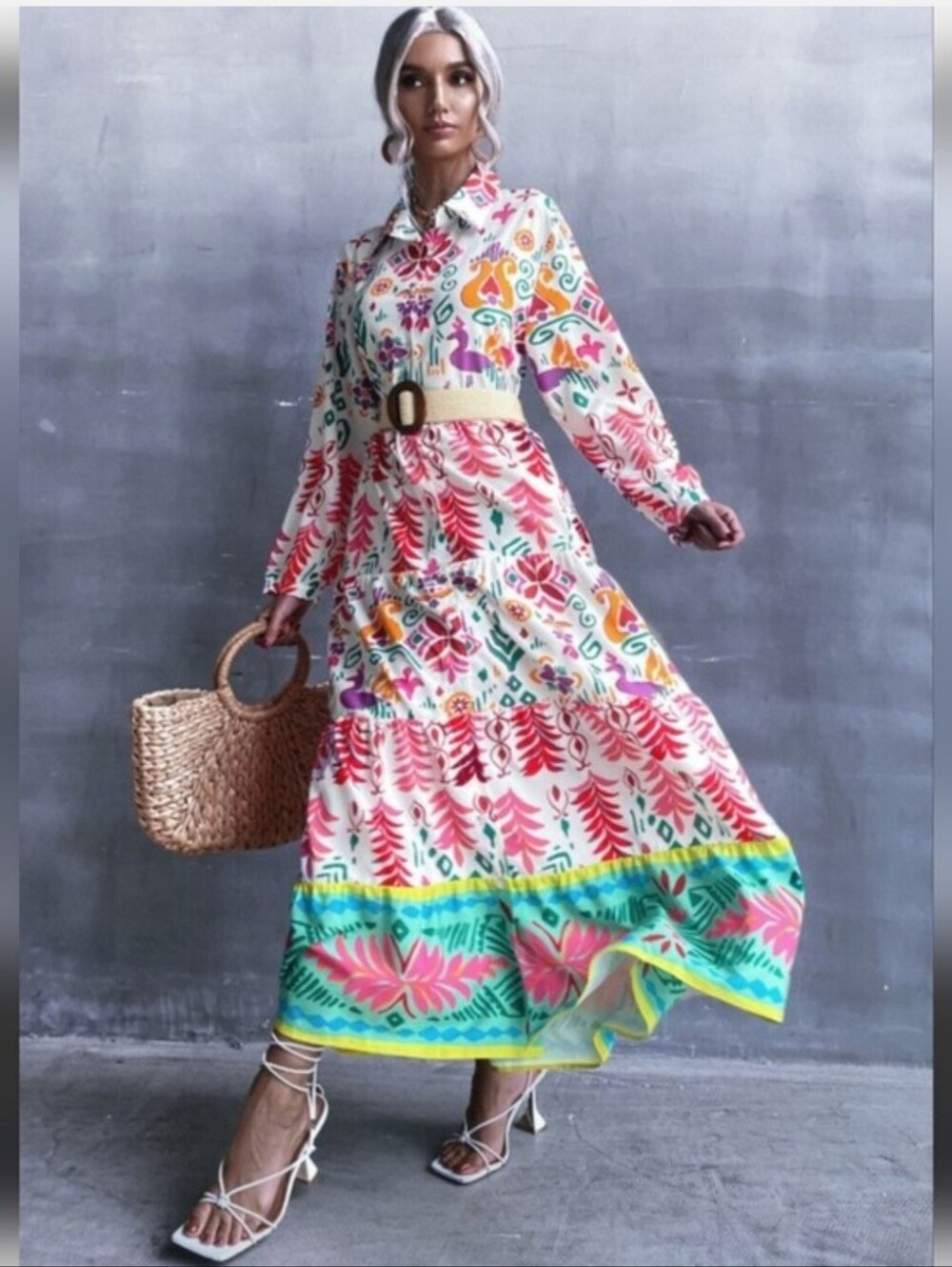 ZARA multicolored printed long dress with a bohemian aesthetic.